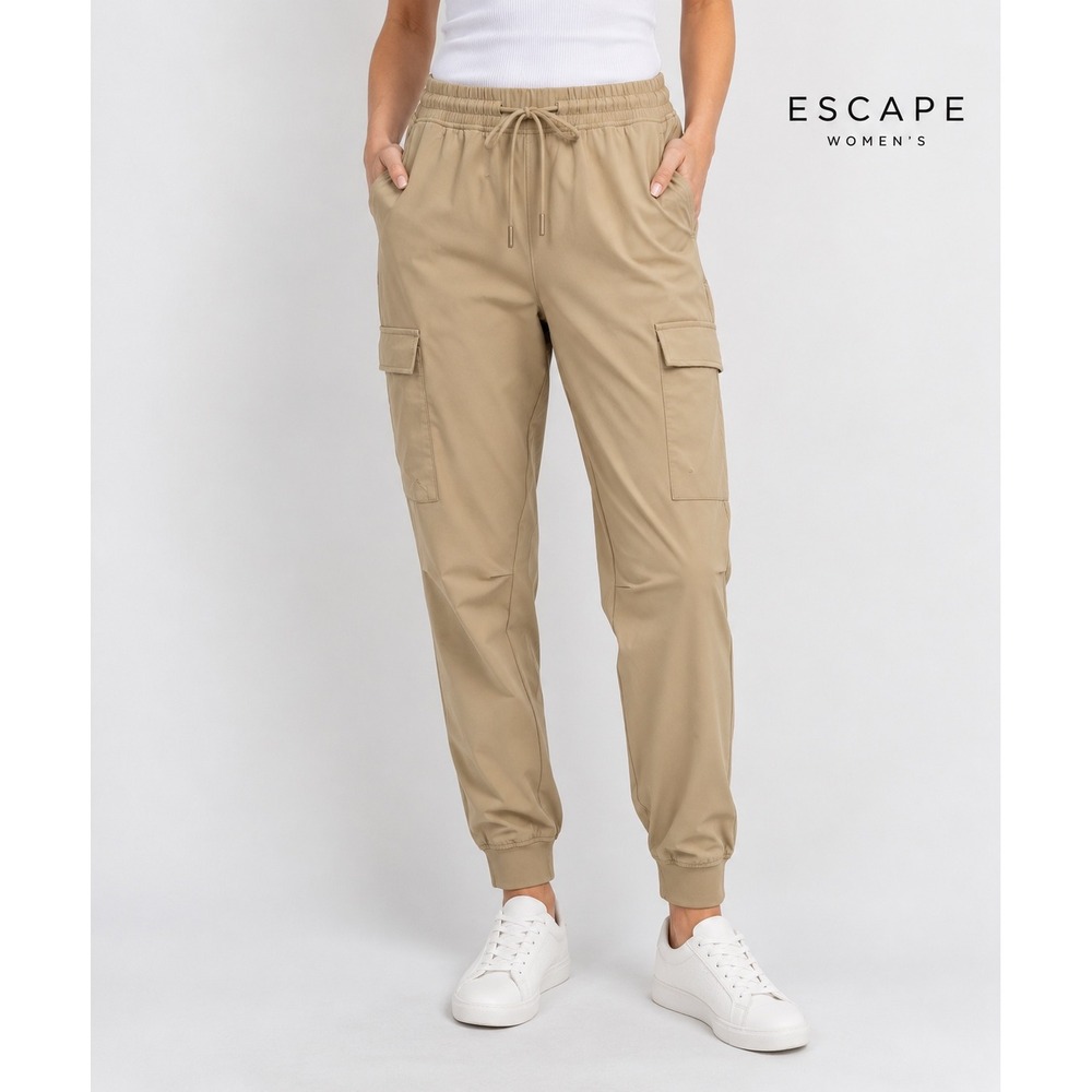Esc Escape Cargo Jogger Pants Tan Khaki Elastic Waist Drawstring Size S NEW